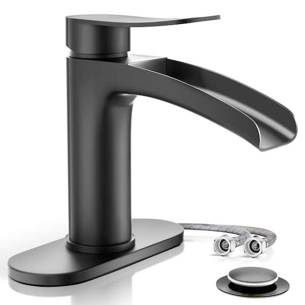 Phiestina Matte Black Waterfall Bathroom Sink Faucet Single Handle, with 4 IN. Deck Plate and Metal Pop Up Drain Assembly