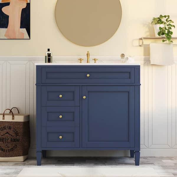 36 in. Blue Bathroom Vanity with White Ceramic Top, Modern Freestanding Bathroom Cabinet with 2 Drawers