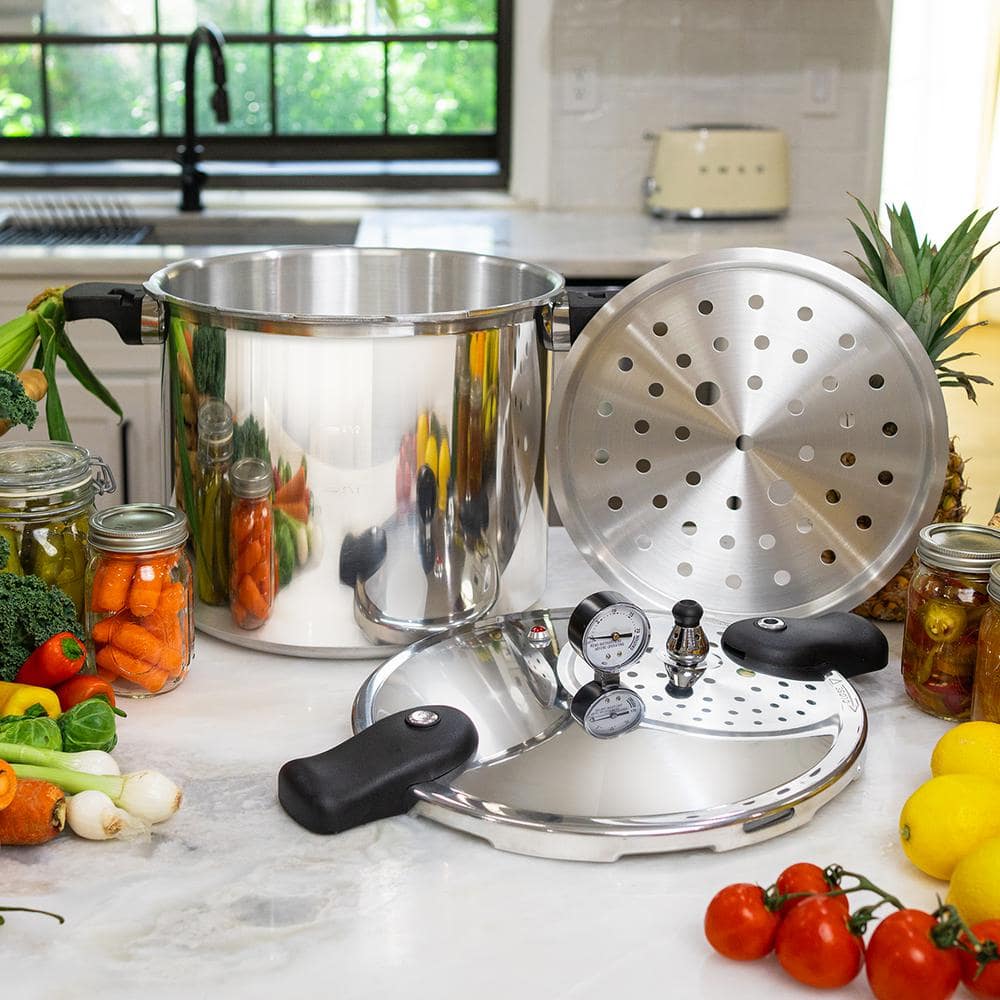 22 Qt. Silver Aluminum Pressure Cooker with Built-in Dial Gauge