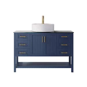 Modena 48 in. Vanity in Blue with Tempered Glass Top in Black with White Vessel Sink
