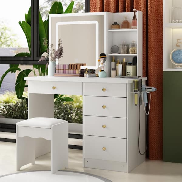 White Makeup Vanity Set Dressing Table with Sliding LED Lighted Mirror Power Strip and Hair Dryer Holder, Drawers, Stool