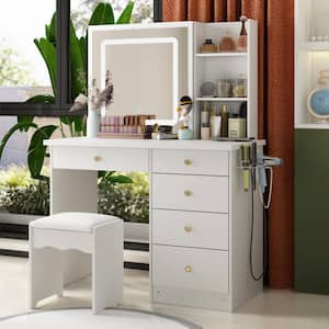 White Makeup Vanity Set Dressing Table with Sliding LED Lighted Mirror Power Strip and Hair Dryer Holder, Drawers, Stool