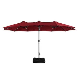 15 ft. Steel Pole Market Solar Light No Tilt Patio Umbrella with With Plastic Base and Steel Cross Base in Burgundy