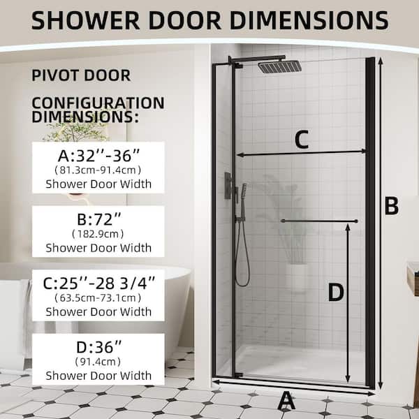 ACE DECOR Frameless Pivot Shower Door, 32-36 in. W x 72 in. H