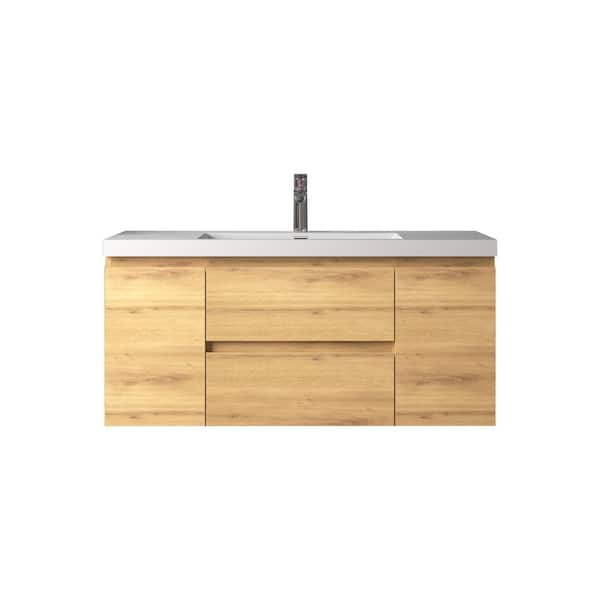 Angela 48 in. Single A. Oak Bath Vanity Wall-Mounted Floating Vanities with Gloss White Resin Stone Top 2-Drawers