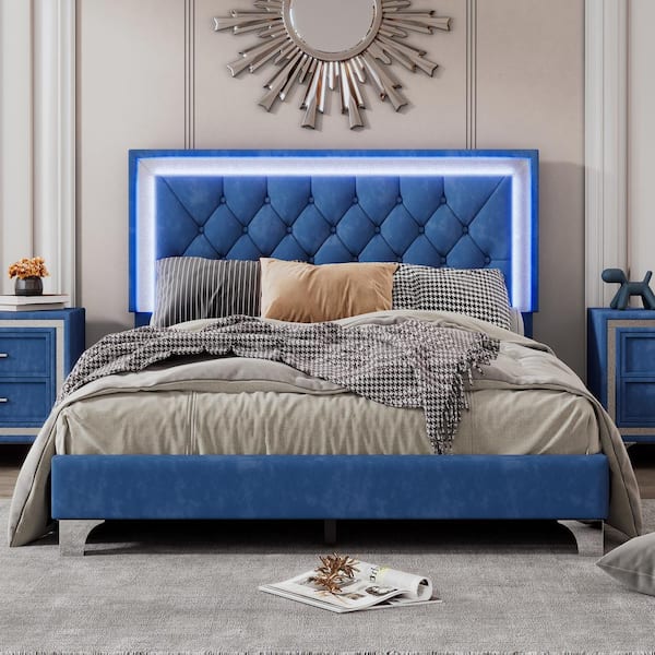 Harper & Bright Designs Blue Wood Frame Full Size Velvet Platform Bed with Tufted Headboard and LED Lights