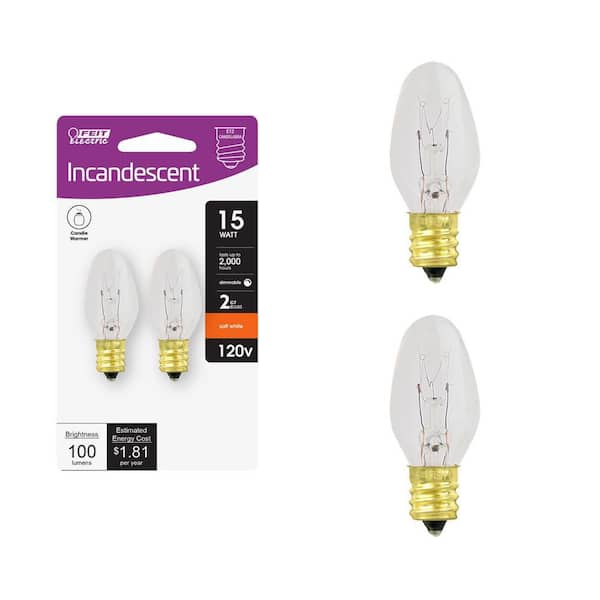 15-Watt C7 E12 Candelabra Base Dimmable Incandescent Candle Warmer Light Bulb Soft White 2700K (2-Pack)