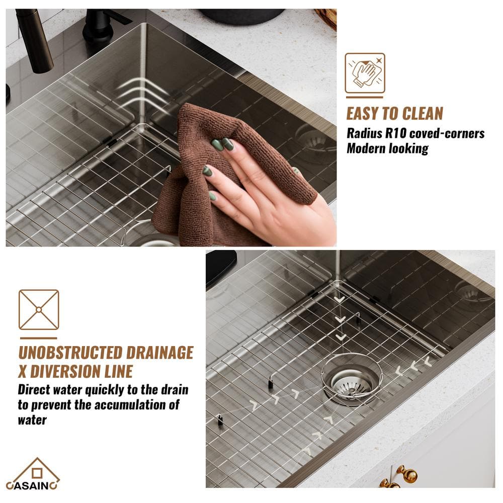 33" Brushed Stainless Steel Farmhouse Kitchen Sink with Grid