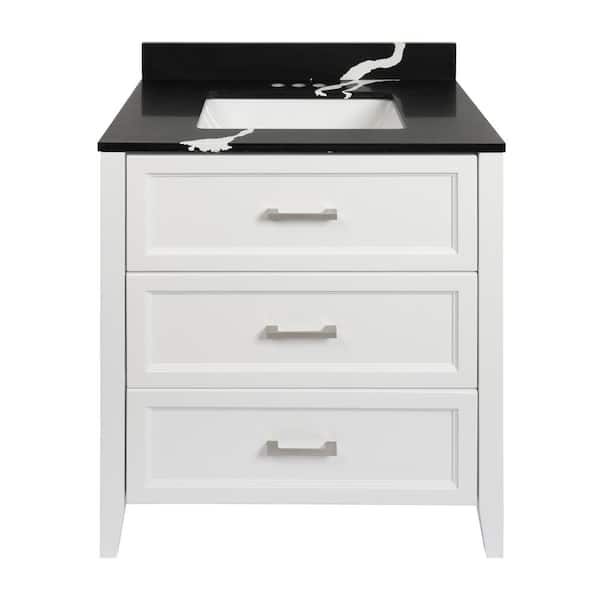 Amluxx Capri 31 in. W x 22 in. D Bath Vanity in White with Quartz Stone Vanity Top in Calacatta Black with White Basin