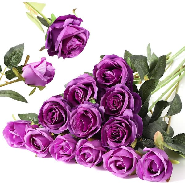 Fake Purple Roses 20.5 in. Purple Indoor/Outdoor Artificial Rose Flower (12 Pcs) UM1KU192 ...