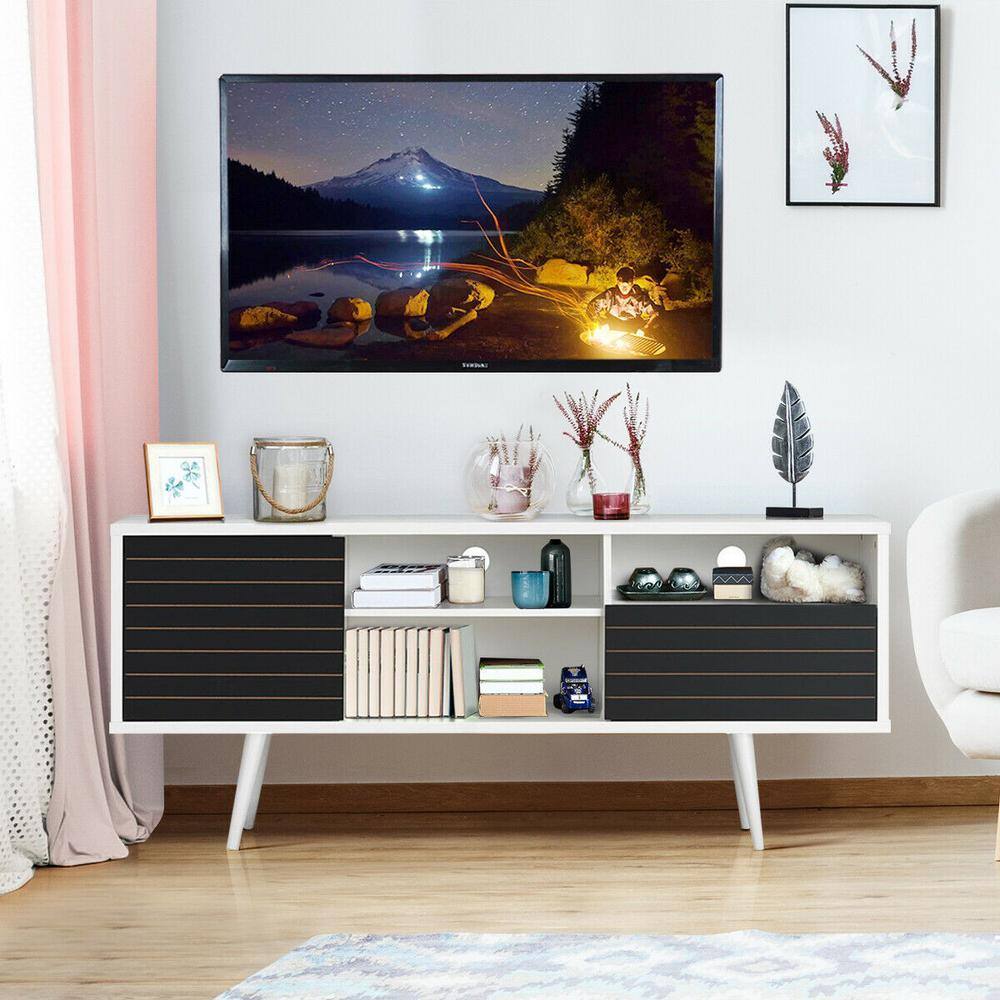 Modern Black and White MDF TV Stand with Cabinet and Shelves