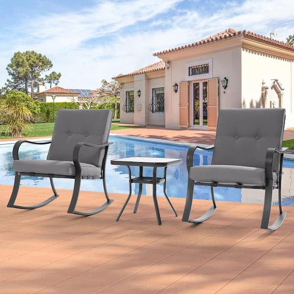 JOYESERY 3-Piece Patio Bistro Set Steel Frame Rocking Chair With Sponge Grey Cushions and Tempered glass table