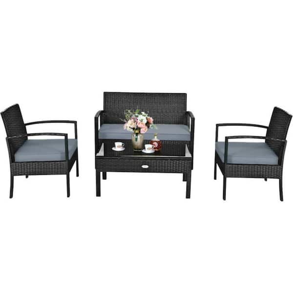 Clihome 4-Piece Wicker Patio Conversation Set Rattan Furniture Set with Black Cushions and Glass Tabletop Deck