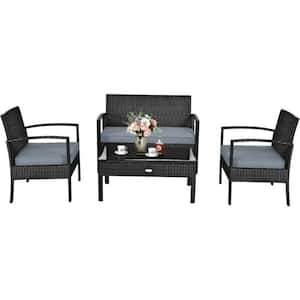 4-Piece Wicker Patio Conversation Set Rattan Furniture Set with Black Cushions and Glass Tabletop Deck