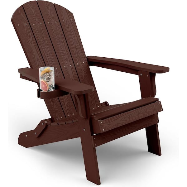Mximu Brown Plastic Outdoor Folding Adirondack Chair with Cup Holder