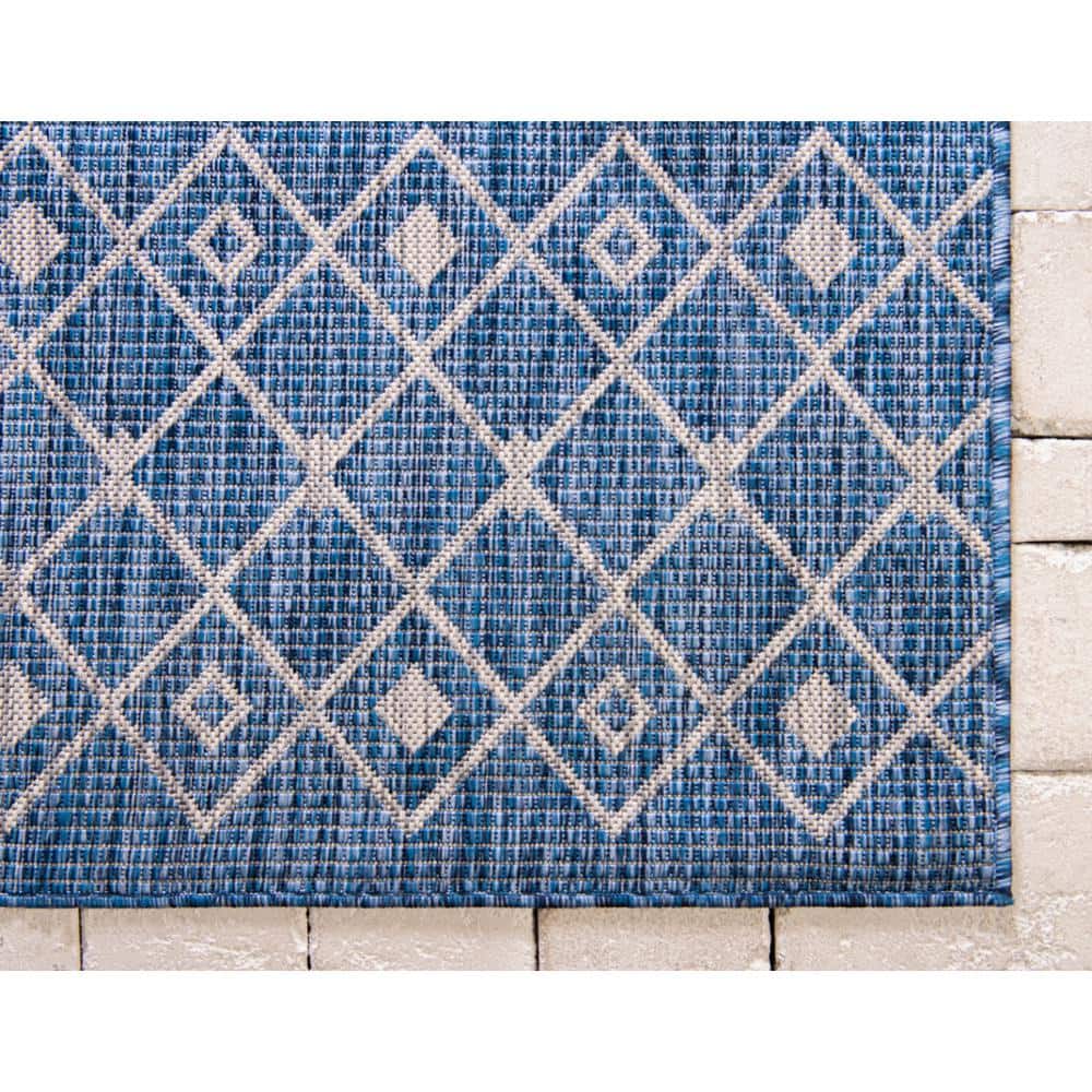 Blue Rectangular Outdoor Trellis Synthetic Area Rug