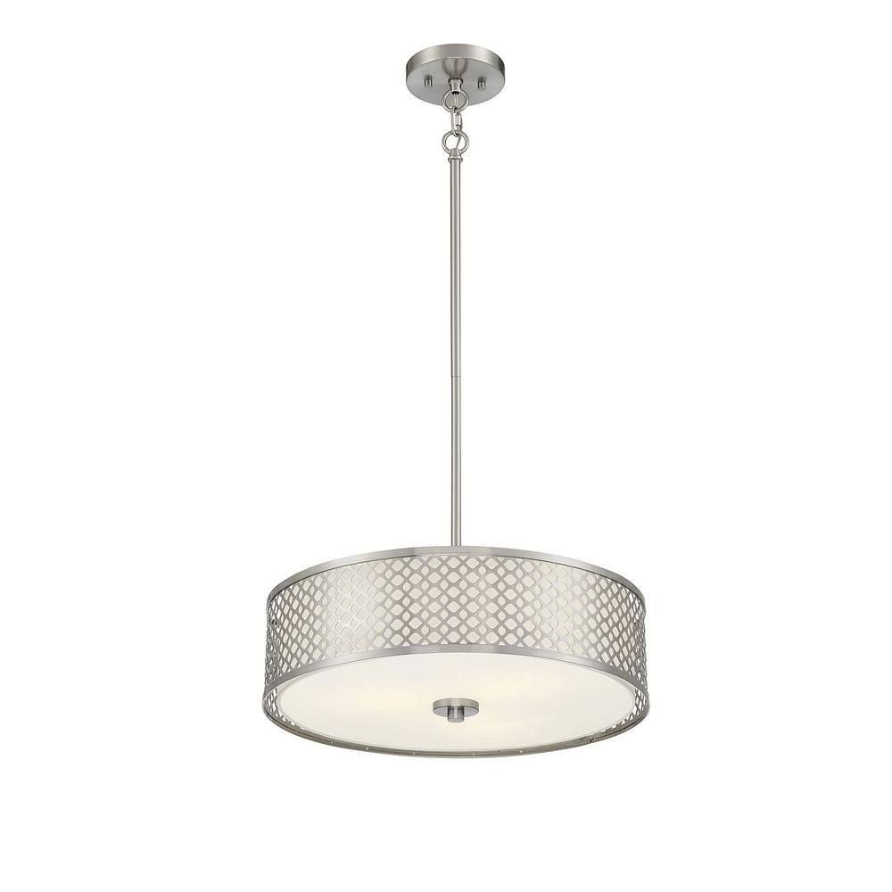 Brushed Nickel 3-Light Drum Pendant with White Fabric Shade
