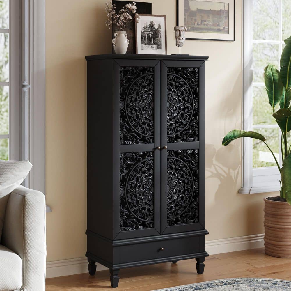 Black Rustic 2-Door Carved 55 in. Accent Storage Cabinet with a Drawer for Living Room, Hallway, Dining Room