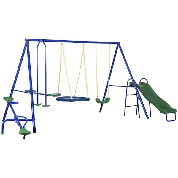 Unbranded 5-In-1 Blue Steel Outdoor Playset with Saucer Swing, Slide, Seesaw, Glider