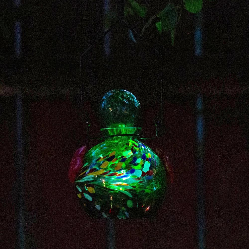 Green Hand-Blown Glass Hanging Hummingbird Feeder with Solar LED