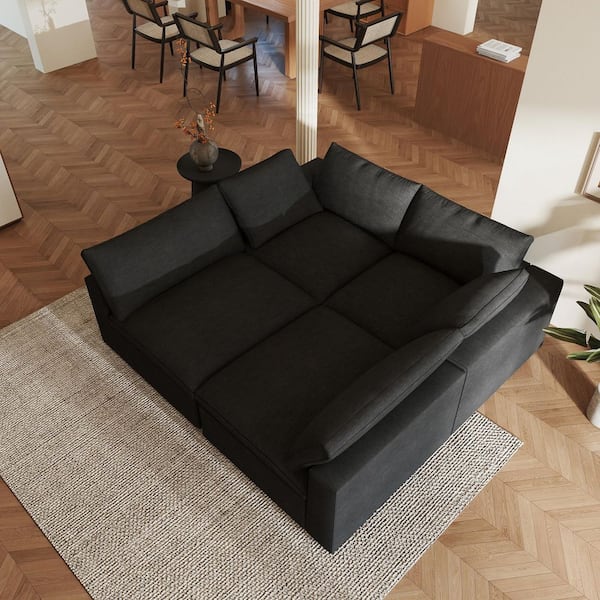 Minimalist 157 in. Square Arm Down Filled Linen 4-Piece Cloud Modular Sectional Sofa Couch in Black with Removable Cover