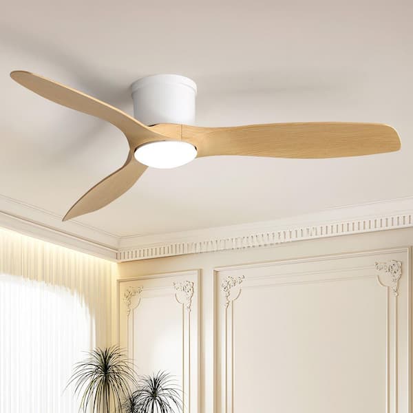 52 in. Indoor/Outdoor Standard Light Wood Grain Smart Flush Mount Ceiling Fan with LED Light and Remote/APP Control