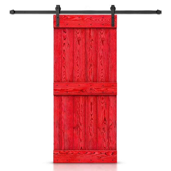 CALHOME 26 in. x 84 in. Ready To Hang Wire Brushed Red Thermally Modified Solid Wood Sliding Barn Door with Hardware Kit