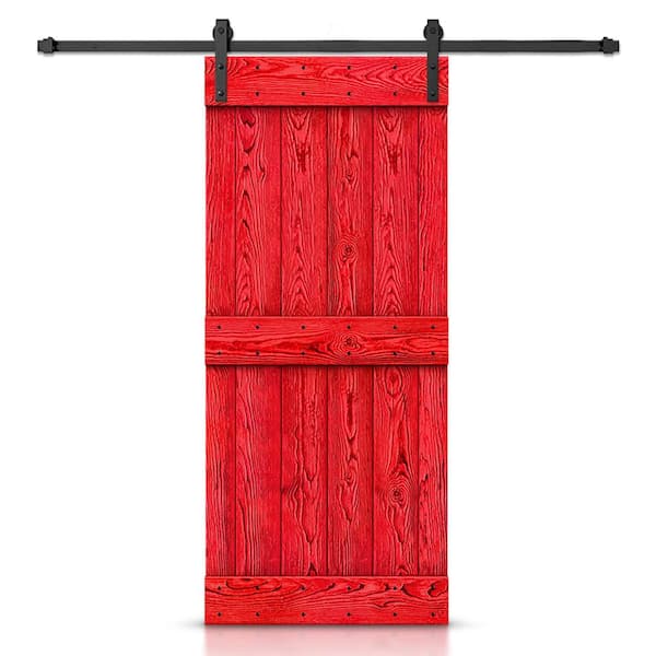 CALHOME 34 in. x 84 in. Ready To Hang Wire Brushed Red Thermally Modified Solid Wood Sliding Barn Door with Hardware Kit