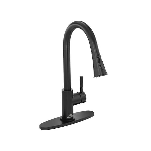 CASAINC Single-Handle Pull Down Sprayer Kitchen Faucet with Dual Function Sprayer and Deckplate in Spot-Free Matte Black