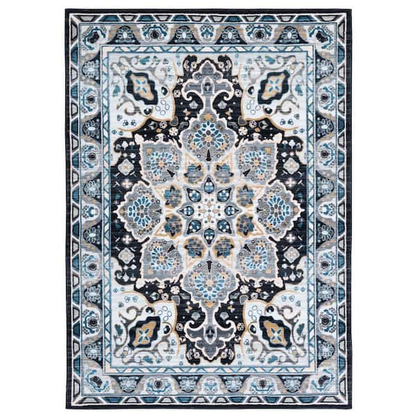 SAFAVIEH Riviera Gray/Light Blue 5 ft. x 8 ft. Machine Washable Medallion Border Area Rug