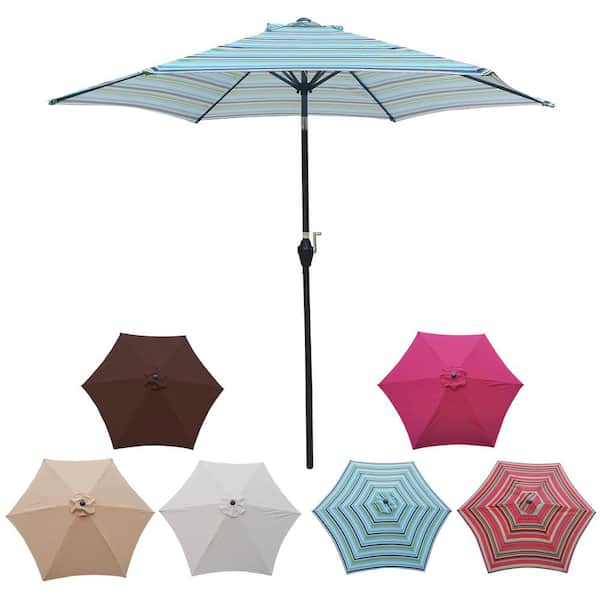 9 ft. Steel Push Button Tilt Outdoor Patio Market Umbrella in Blue Stripe