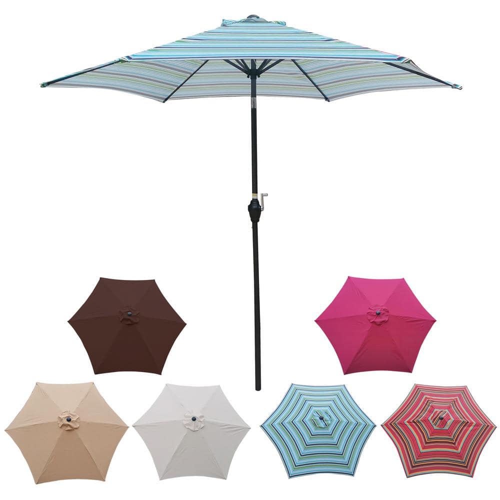 9 ft. Market Tilt Patio Umbrella in Blue Stripe with Push Button Tilt and C