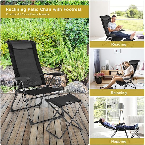 4pcs Patio Folding Dining Chair Ottoman Set Adjustable Back Camp - Black