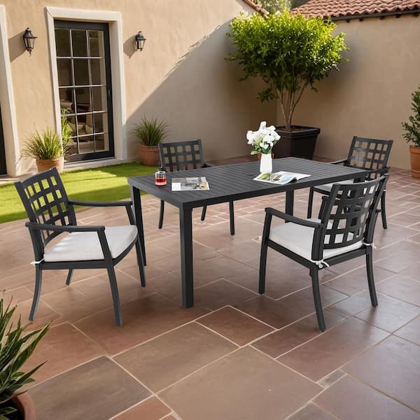 5-Piece Aluminum Rectangular Outdoor Dining Set with 4-Stationary Dining Chairs, Rust-Free, Textured, Ember Black