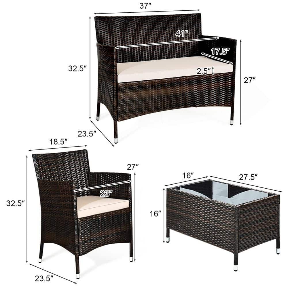 Dimension diagrams for the loveseat, armchair, and coffee table of the rattan patio set.