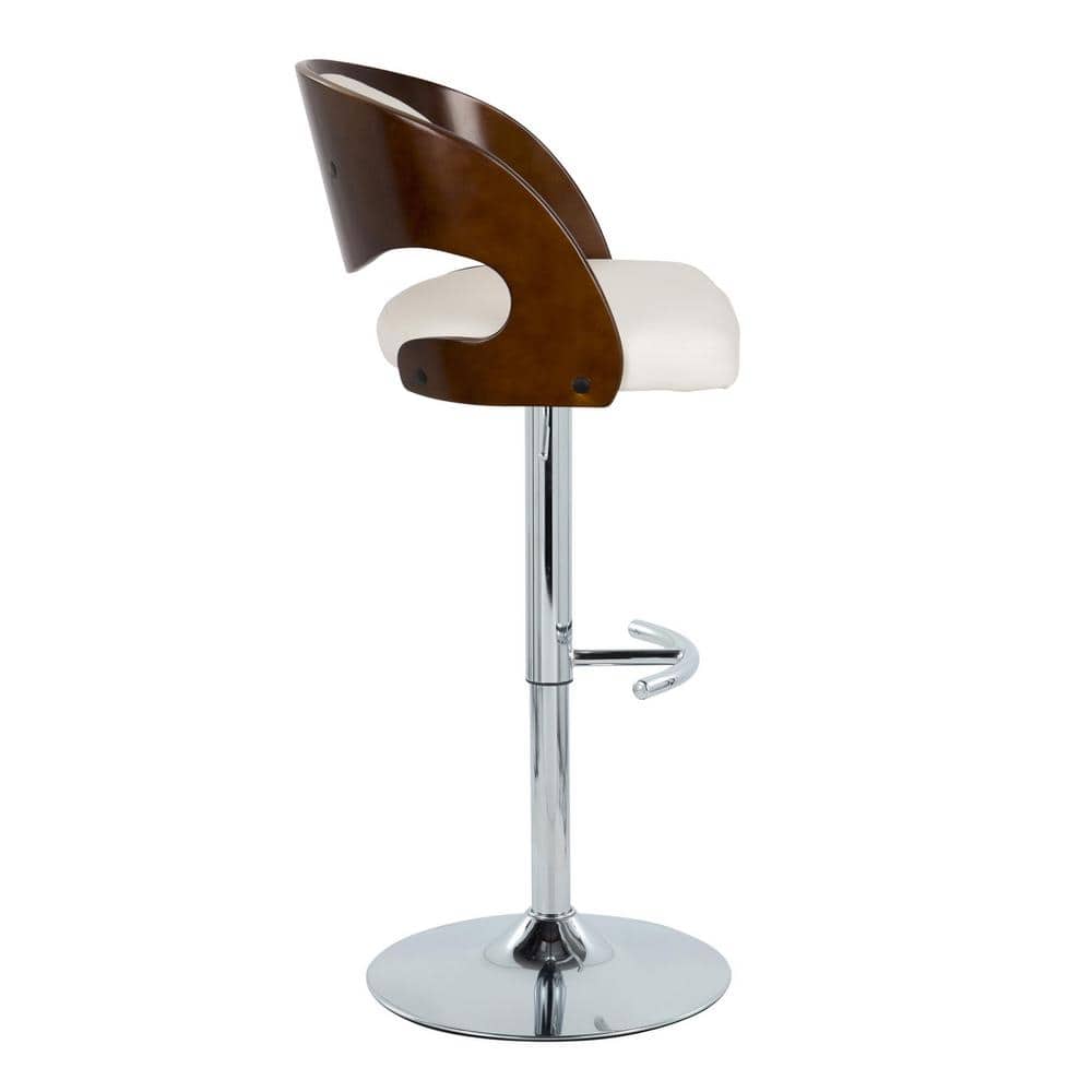 Set of 2 White Faux Leather and Cherry Wood Adjustable Swivel Barstools