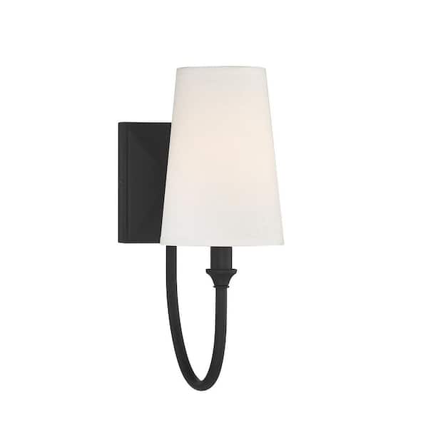 Savoy House Cameron 5 in. W x 13 in. H 1-Light Matte Black Transitional Wall Sconce with White Fabric Shade