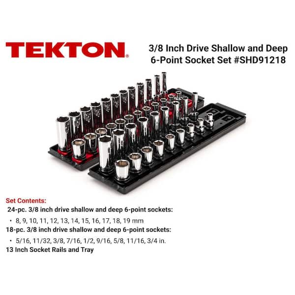 TEKTON 3/8 Inch Drive 6-Point Socket Set with Rails, 42-Piece (5/16-3/4 in, 8-19 mm), SHD91218 TEKTON 3/8 Inch Drive 6-Point Socket Set with Rails, 42-Piece (5/16-3/4 in, 8-19 mm), SHD91218