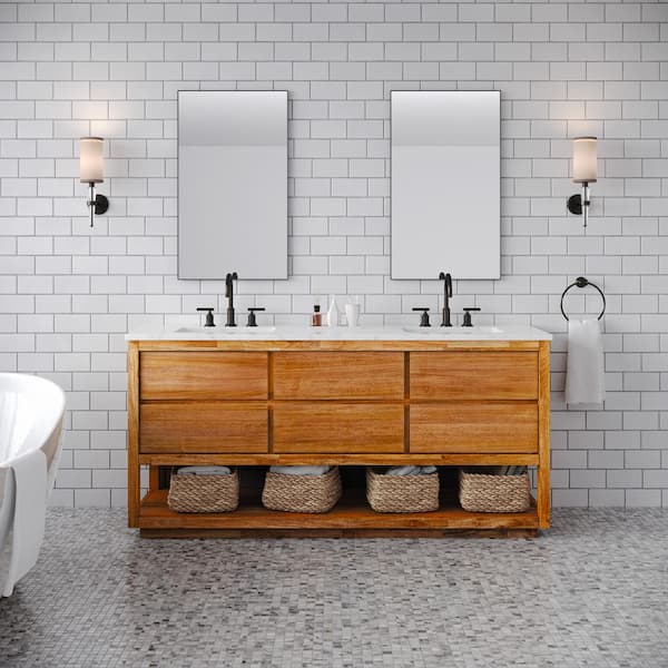 Water Creation Oakman 72 in. W x 22 in. D x 34.7 in. H Double Sink Bath Vanity in Mango Wood with Carrara White Marble Top with Faucet