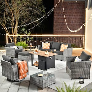 Warner Gray 10-Piece Wicker Patio Fire Pit Conversation Set with Black Cushions and Swivel Rocking Chairs