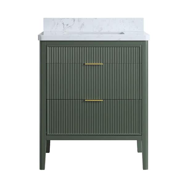 30 in. Single Sink Solid Wood Green Bath Vanity with White Cultured Marble Top, Fully Assembled