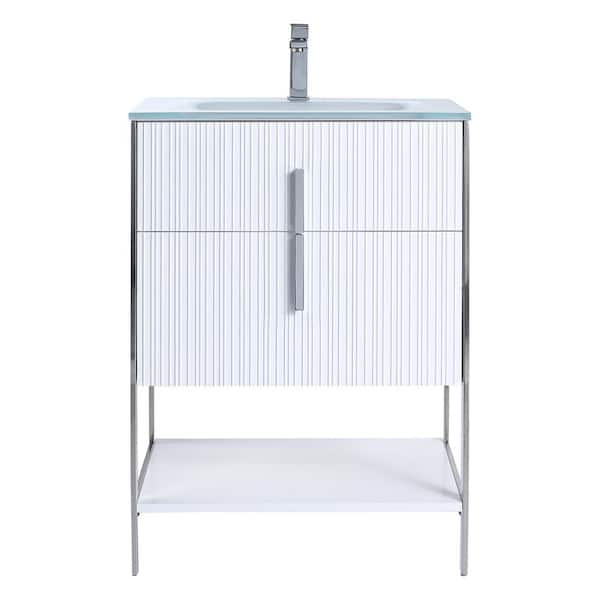 FINE FIXTURES 24 in. W x 18 in. D x 33.5 in. H Bath Vanity in White with White Glass Single Hole Top Sink with Chrome Hardware