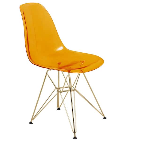 Leisuremod Cresco Modern Plastic Molded Dining Side Chair with Eiffel Gold Legs Transparent Orange