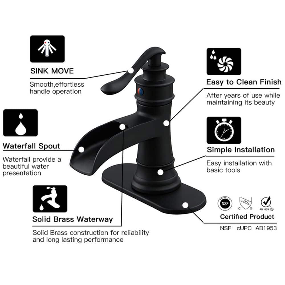 Matte Black Single-Handle Waterfall Bathroom Faucet with Deck Plate
