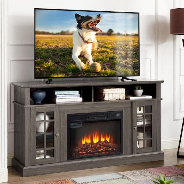 58 in. Freestanding Classic TV Stand Entertainment Console 23 in. Fireplace Insert TV Up to 65 in., Black + Dark Walnut
