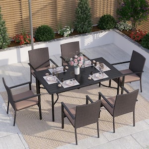 Black 7-Piece Metal Rectangle Table Patio Outdoor Dining Set with Rattan Chairs with Beige Cushion