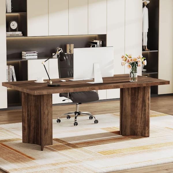 BYBLIGHT 63 in. Rectangular Oak Brown Engineered Wood Executive Desk with Large Tabletop for Home Office