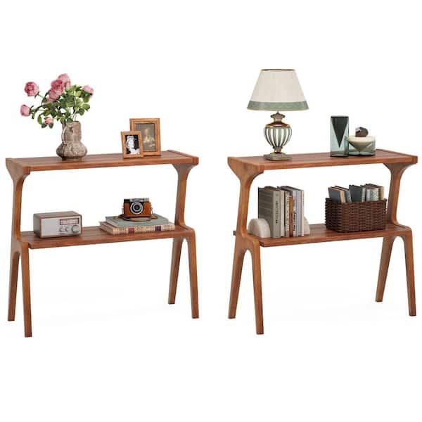 BYBLIGHT Kerlin 2PCS 27.56in. Walnut Rectangle Wood End Table Narrow Sofa Side Table with 2-Tier Shelves for Living Room, Bedroom