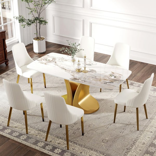 Magic Home 70.8 in. Pandora Rectangle Round Edge Sintered Stone Top Pedestal Pandora Gold Metal Base Dining Table (Seats-8)
