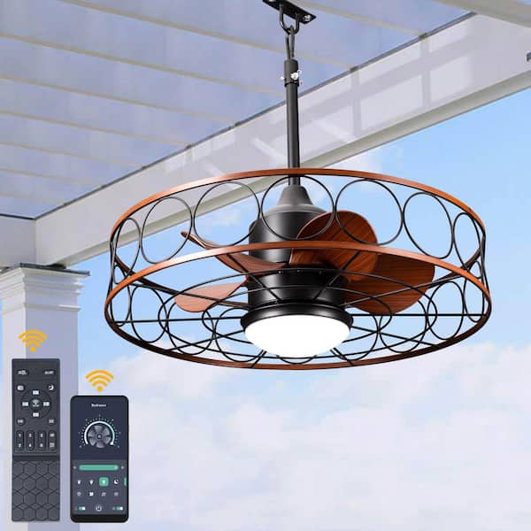 Selva 23. 6in. Outdoor Matte Black Industrial Caged Smart Ceiling Fan with LED Light, 6-Speed Patio Ceiling Fan w/Remote